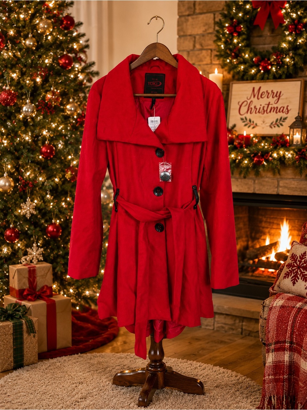 NWT Yoki Red Belted Coat | High-Low Hem | Side Pockets | Faux Leather Accents |